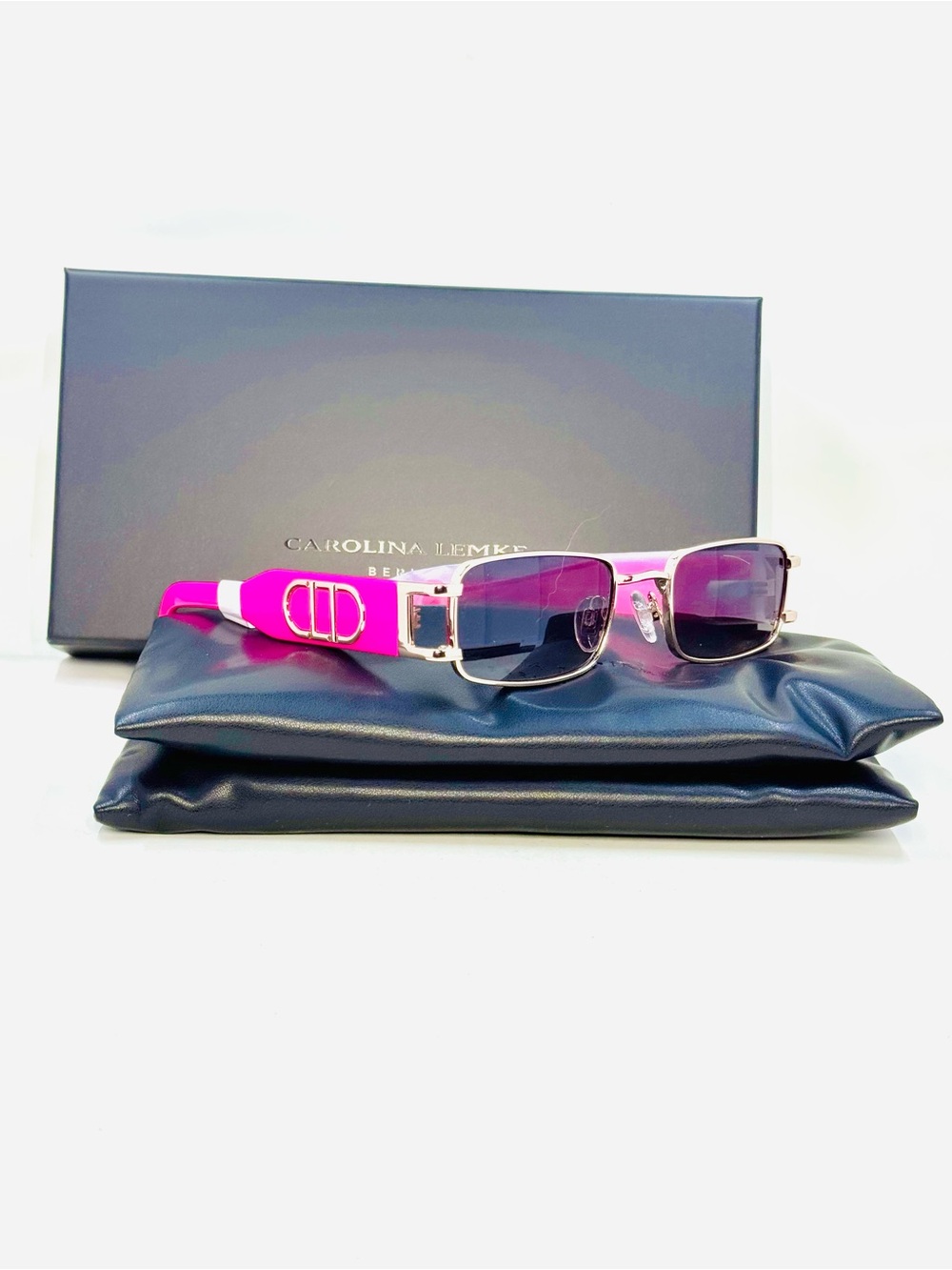 Carolina Lemke 3220-05 Vibe Gold & Neon Pink Rectangular Sunglasses W/Case NIB